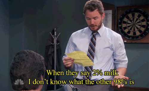Andy from 'Parks and Rec' saying, 'When they say 2% milk I don't know what the other 98% is.'