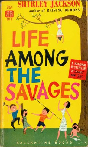 Cover of 'Life Among the Savages' by Shirley Jackson depicting a 1950s illustration of a woman trying to corral five children who are going feral.