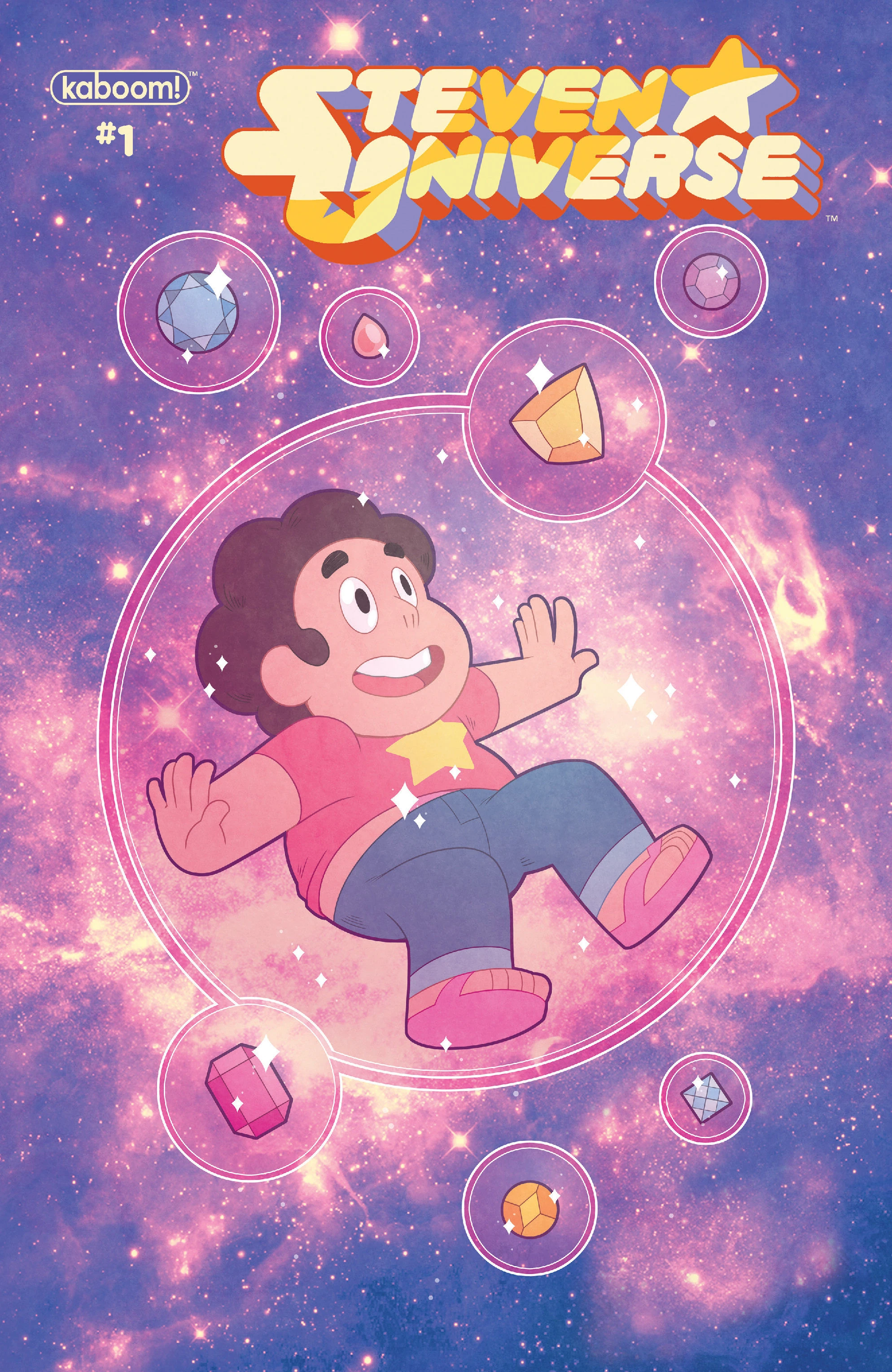 Cover of 'Steven Universe: Warp Tour' depicting Steven, a boy of about 13 years, floating in a bubble in space surrounded by gemstones.