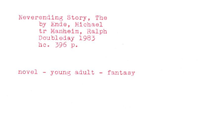 An index card for 'The Neverending Story' by Michael Ende.