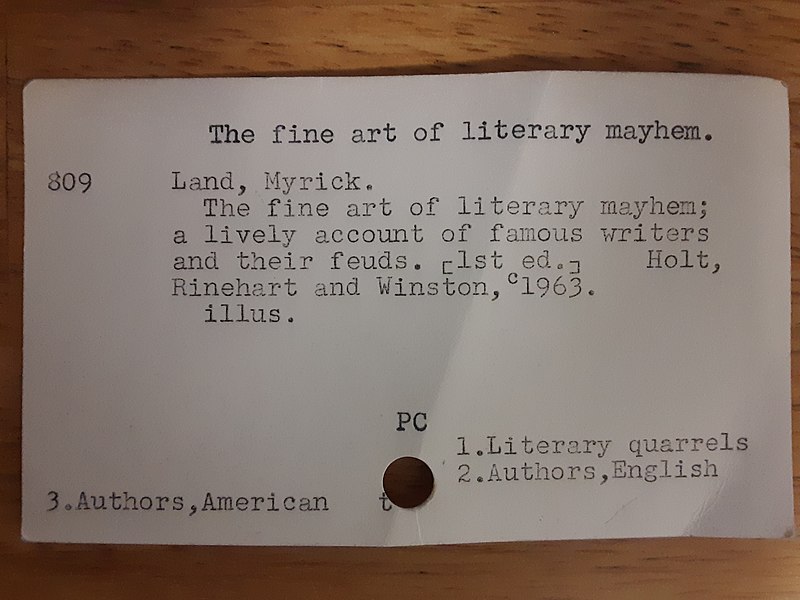 Index card for 'The Fine Art of Literary Mayhem' by Myrick Land.