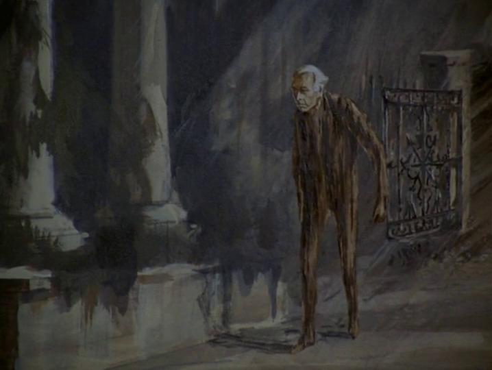 The old man in the painting rises from the crypt.