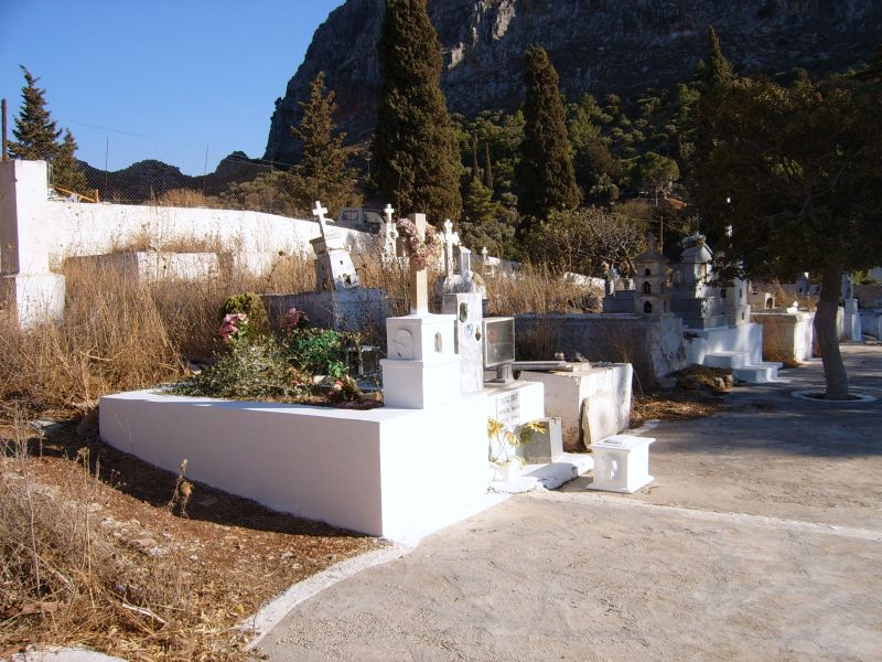 The scattered graves to the right.